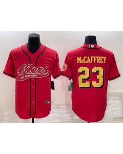 Men's San Francisco 49ers #23 Christian McCaffrey Red Gold With Patch Cool Base Stitched Baseball Jersey