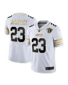 Men's San Francisco 49ers #23 Christian McCaffrey White Gold With 75th Patch Stitched Jersey