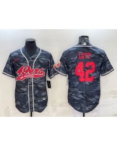 Men's San Francisco 49ers #42 Ronnie Lott Grey Red Camo With Patch Cool Base Stitched Baseball Jersey
