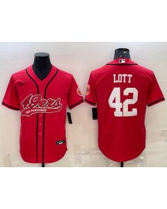 Men's San Francisco 49ers #42 Ronnie Lott Red With Patch Cool Base Stitched Baseball Jersey