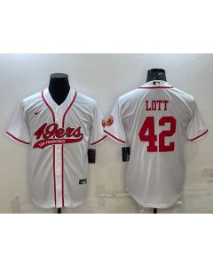 Men's San Francisco 49ers #42 Ronnie Lott White With Patch Cool Base Stitched Baseball Jersey