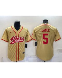 Men's San Francisco 49ers #5 Trey Lance Gold Cool Base Stitched Baseball Jersey