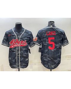 Men's San Francisco 49ers #5 Trey Lance Grey Red Camo With Patch Cool Base Stitched Baseball Jersey