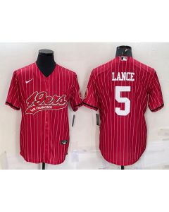 Men's San Francisco 49ers #5 Trey Lance Red With Patch Cool Base Stitched Baseball Jersey