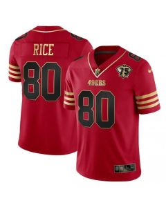 Men's San Francisco 49ers #80 Jerry Rice Red Gold With 75th Anniversary Patch Stitched Jersey