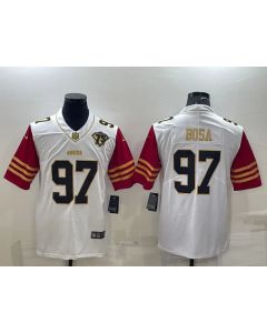 Men's San Francisco 49ers #97 Nick Bosa White Gold With 75th Anniversary Patch Stitched Jersey