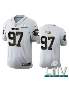 Men's San Francisco 49ers #97 Nick Bosa White With Super Bowl Patch 100th Season Golden Edition Limited Stitched Jersey