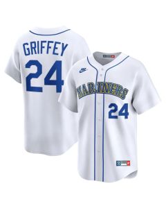 Men's Seattle Mariners #24 Ken Griffey Jr. White Throwback Cooperstown Collection Limited Jersey (Style 4)