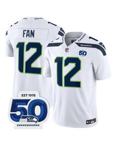 Men's Seattle Seahawks #12 Fan White 2025 F.U.S.E. 50th Anniversary Patch Vapor Untouchable Limited Stitched Football Jersey (White)