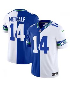 Men's Seattle Seahawks #14 D.K. Metcalf Royal/White Split 2023 F.U.S.E. Throwback Vapor Limited Stitched Football Jersey