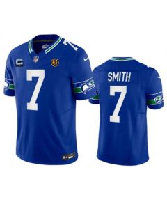 Men's Seattle Seahawks #7 Geno Smith Blue 2023 F.U.S.E. Throwback With 1-star C Patch And John Madden Patch Vapor Limited Stitched Football Jersey