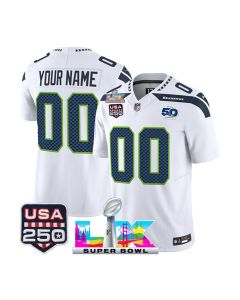 Men's Seattle Seahawks Custom White Super Bowl LX Patch 50th Season & USA 250' Patch Vapor F.U.S.E. Limited Jersey (White)