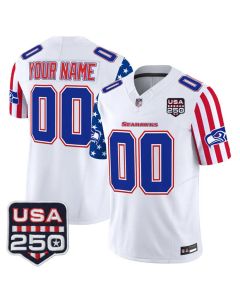 Men's Seattle Seahawks White 2026 America 250 Edition Patch Vapor F.U.S.E. Limited Custom Jersey (White)