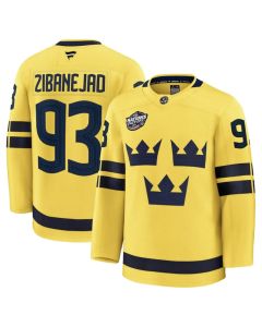 Men's Sweden #93 Mika Zibanejad Yellow 2025 4 Nations Face-Off Premium Stitched Jersey