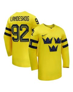 Men's Sweden Hockey #92 Gabriel Landeskog Yellow 2026 Away Replica Jersey