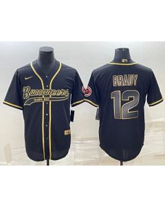 Men's Tampa Bay Buccaneers #12 Tom Brady Black Gold With Patch Cool Base Stitched Baseball Jersey