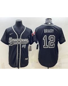 Men's Tampa Bay Buccaneers #12 Tom Brady Black Reflective With Patch Cool Base Stitched Baseball Jersey
