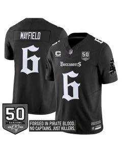 Men's Tampa Bay Buccaneers #6 Baker Mayfield Black F.U.S.E. 50th Season & 4-Star C Patch "Gothic Pirate Shadows Edition" Limited Stitched Football Jersey (Black)
