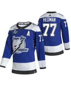 Men's Tampa Bay Lightning #77 Victor Hedman 2021 Blue Stanley Cup Champions Reverse Retro Stitched Jersey