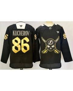 Men's Tampa Bay Lightning #86 Nikita Kucherov 2024-25 Black Gasparilla inspired Pirate-themed Warmup Stitched Premium Jersey