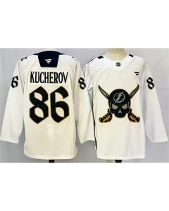 Men's Tampa Bay Lightning #86 Nikita Kucherov 2024-25 White Gasparilla inspired Pirate-themed Warmup Stitched Premium Jersey