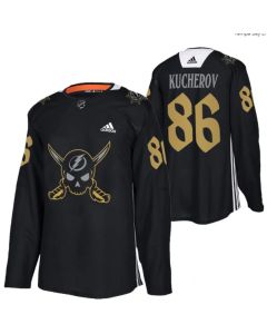 Men's Tampa Bay Lightning #86 Nikita Kucherov Black Gasparilla inspired Pirate-themed Warmup Stitched Jersey
