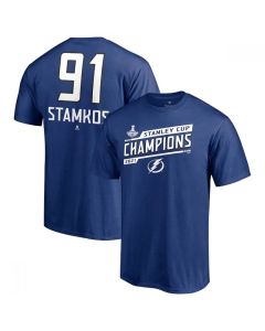 Men's Tampa Bay Lightning #91 Steven Stamkos 2021 Blue Stanley Cup Champions Name & Number T-Shirt