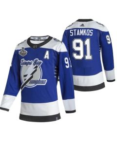 Men's Tampa Bay Lightning #91 Steven Stamkos 2021 Blue Stanley Cup Final Bound Reverse Retro Stitched Jersey