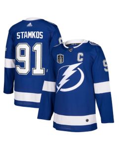 Men's Tampa Bay Lightning #91 Steven Stamkos 2022 Blue Stanley Cup Final Patch Stitched Jersey