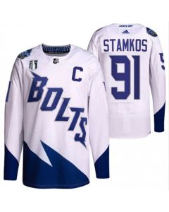 Men's Tampa Bay Lightning #91 Steven Stamkos 2022 White Stanley Cup Final Patch Stitched Jersey