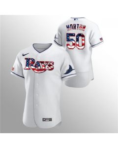 Men's Tampa Bay Rays #50 Charlie Morton White 2020 Stars & Stripes Flex Base Stitched Jersey