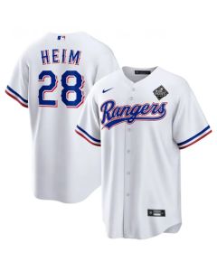 Men's Texas Rangers #28 Jonah Heim 2023 White World Series Stitched Baseball Jersey
