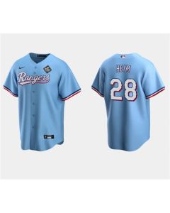 Men's Texas Rangers #28 Jonah Heim Blue 2023 World Series Stitched Baseball Jersey