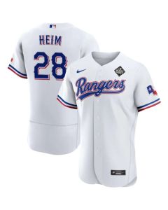 Men's Texas Rangers #28 Jonah Heim White 2023 World Series Flex Base Stitched Baseball Jersey