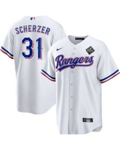 Men's Texas Rangers #31 Max Scherzer 2023 White World Series Stitched Baseball Jersey