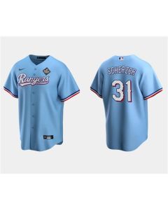 Men's Texas Rangers #31 Max Scherzer Blue 2023 World Series Stitched Baseball Jersey