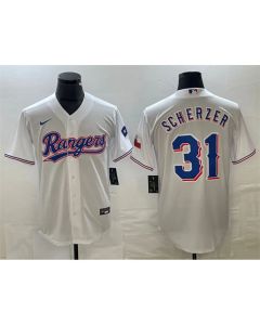 Men's Texas Rangers #31 Max Scherzer White With Patch Cool Base Stitched Baseball Jersey