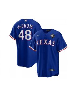 Men's Texas Rangers #48 Jacob deGrom Royal 2023 World Series Cool Base Stitched Baseball Jersey