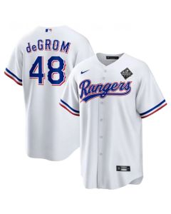 Men's Texas Rangers #48 Jacob deGrom White 2023 World Series Cool Base Stitched Baseball Jersey