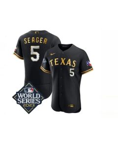 Men's Texas Rangers #5 Corey Seager Black Gold 2023 World Series Flex Base Stitched Baseball Jersey