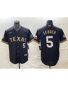 Men's Texas Rangers #5 Corey Seager Black Gold With Patch Cool Base Stitched Baseball Jersey