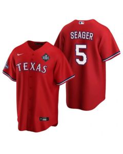 Men's Texas Rangers #5 Corey Seager Red 2023 World Series Patch And Champions Patch Cool Base Stitched Baseball Jersey