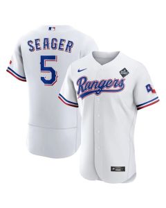 Men's Texas Rangers #5 Corey Seager White 2023 World Series Flex Base Stitched Baseball Jersey