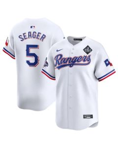 Men's Texas Rangers #5 Corey Seager White 2023 World Series Patch And Champions Patch Stitched Baseball Jersey