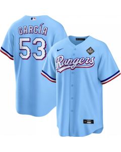 Men's Texas Rangers #53 Adolis Garcia Blue 2023 World Series Cool Base Stitched Baseball Jersey