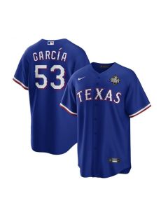 Men's Texas Rangers #53 Adolis Garcia Royal 2023 World Series Stitched Baseball Jersey