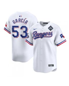 Men's Texas Rangers #53 Adolis Garcia White 2023 World Series Patch And Champions Patch Stitched Baseball Jersey