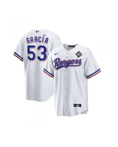 Men's Texas Rangers #53 Adolis Garcia White 2023 World Series Stitched Baseball Jersey