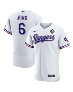 Men's Texas Rangers #6 Josh Jung White 2023 World Series Flex Base Stitched Baseball Jersey