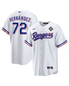 Men's Texas Rangers #72 Jonathan Hernandez White 2023 World Series Stitched Baseball Jersey